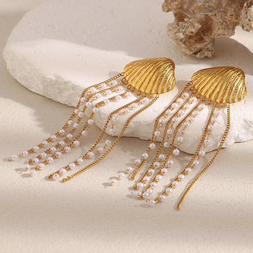 Tassel Earrings with Shell Pearl in 316L Stainless Steel
