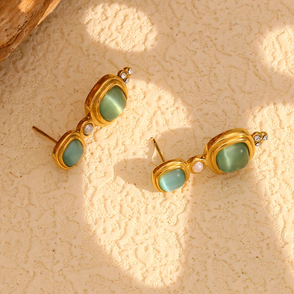 Vintage Pearl & Green Rectangular Earrings