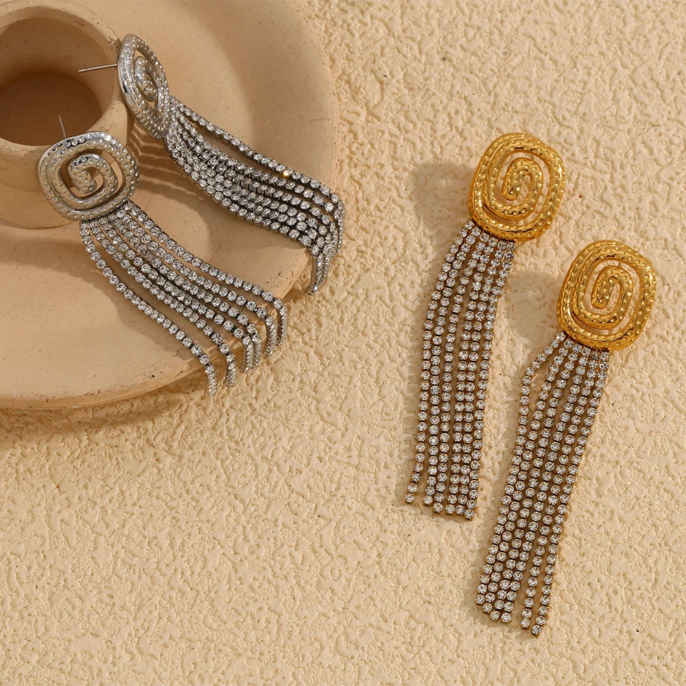 Spiral Zircon Tassel Earrings